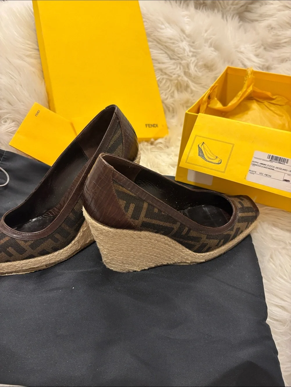 Fendi Dark Brown FF Monogram Espadrille Wedge Peep-Toe
